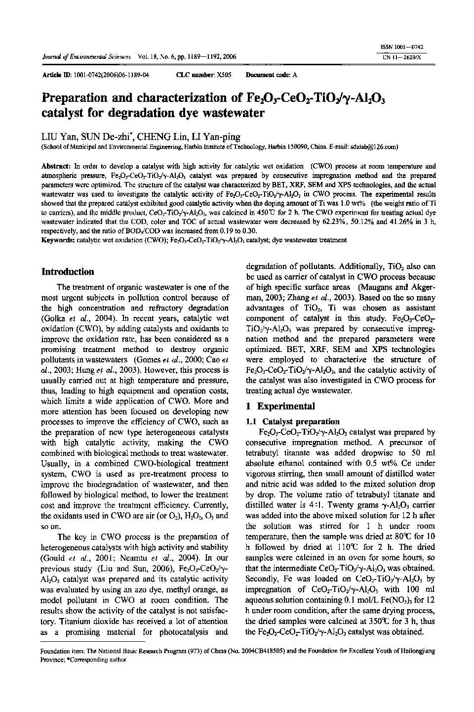 Preparation and characterization of Fe2O3-CeO2-TiO2/γ-Al2O3 catalyst for degradation dye wastewater 