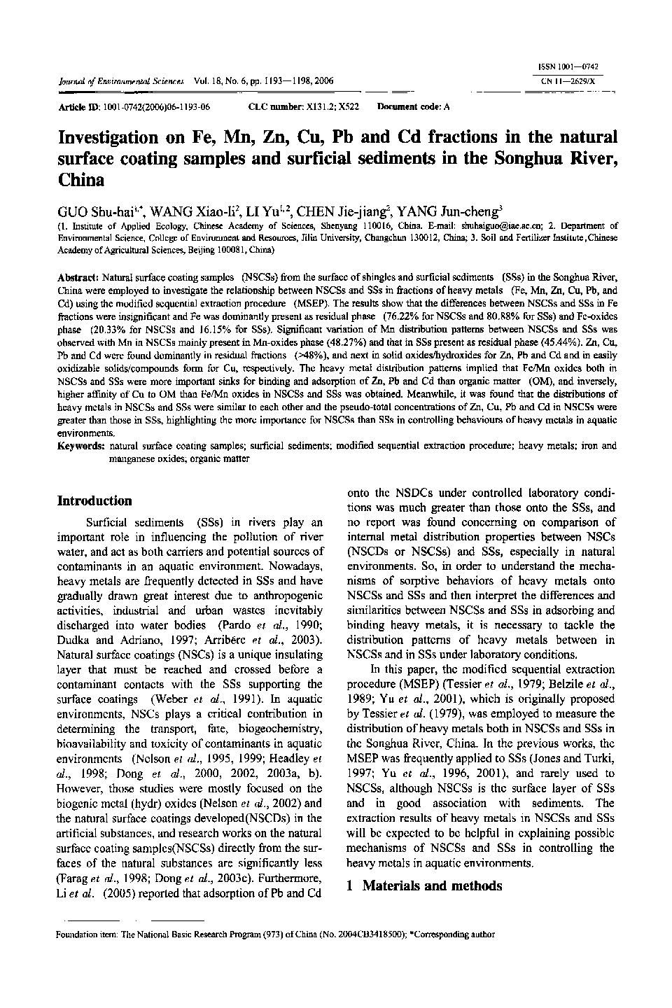 عکس صفحه اول مقاله: Investigation on Fe, Mn, Zn, Cu, Pb and Cd fractions in the natural surface coating samples and surficial sediments in the Songhua River, China Investigation on Fe, Mn, Zn, Cu, Pb and Cd fractions in the natural surface coating samples and surficial sediments in the Songhua River, China