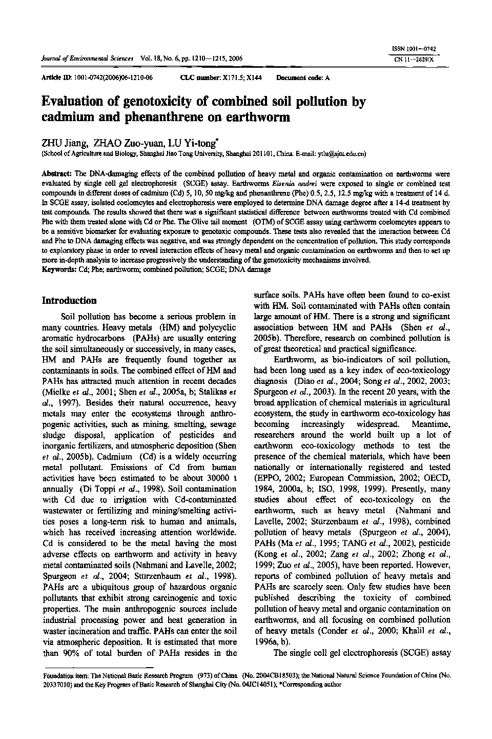 Evaluation of genotoxicity of combined soil pollution by cadmium and phenanthrene on earthworm 