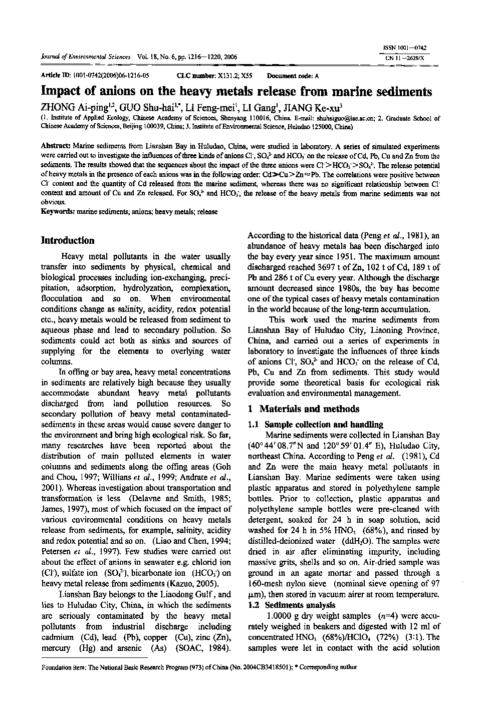 Impact of anions on the heavy metals release from marine sediments 