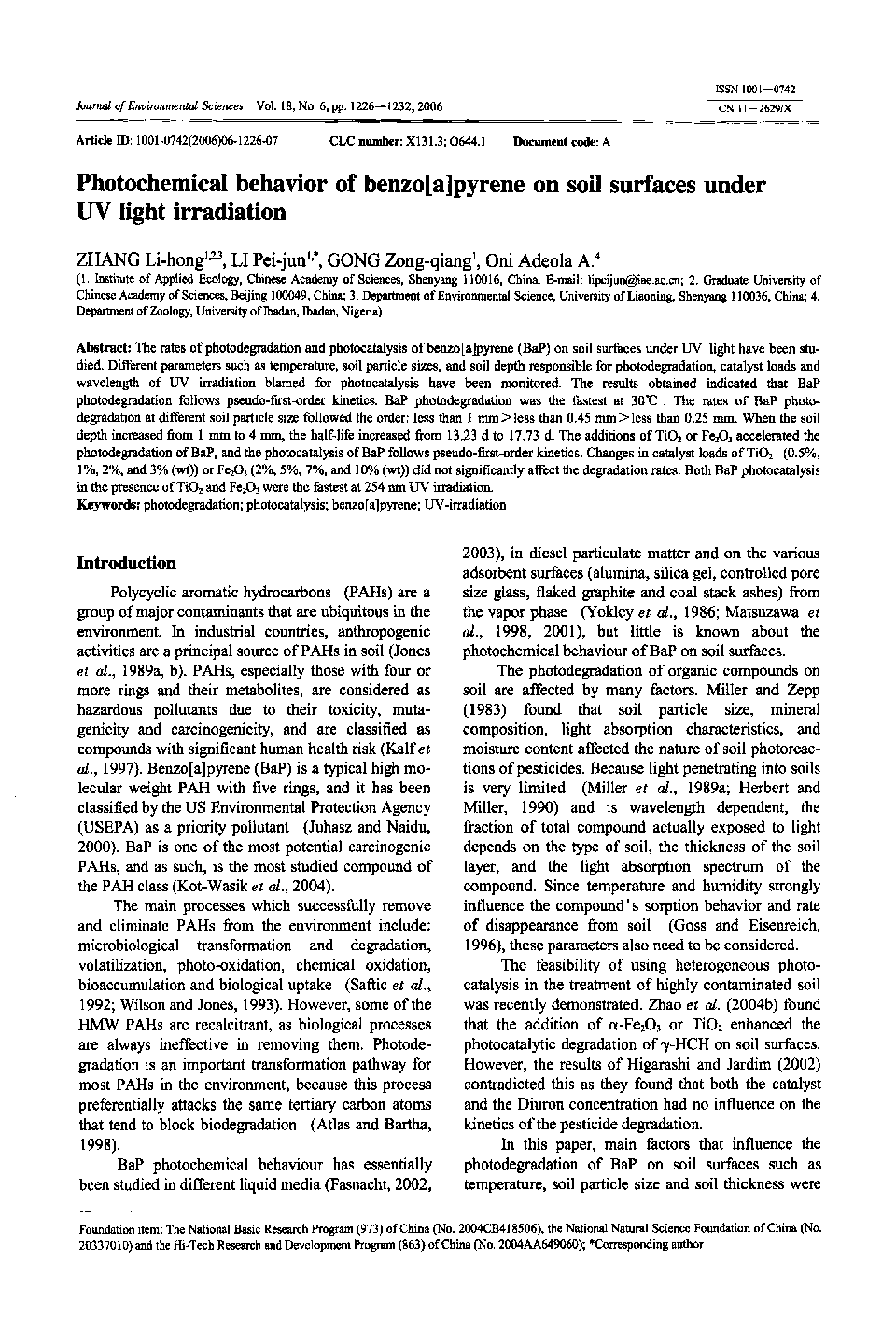 Photochemical behavior of benzo[a]pyrene on soil surfaces under UV light irradiation 