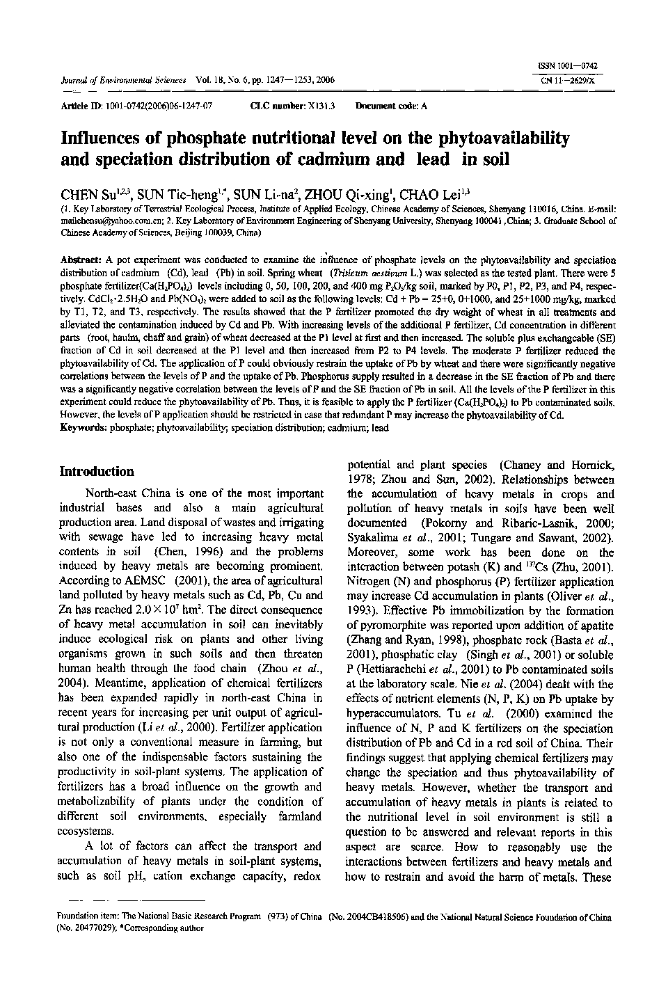 Influences of phosphate nutritional level on the phytoavailability and speciation distribution of cadmium and lead in soil 