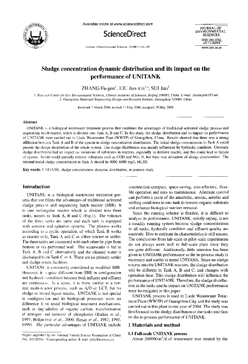 Sludge concentration dynamic distribution and its impact on the performance of UNITANK 