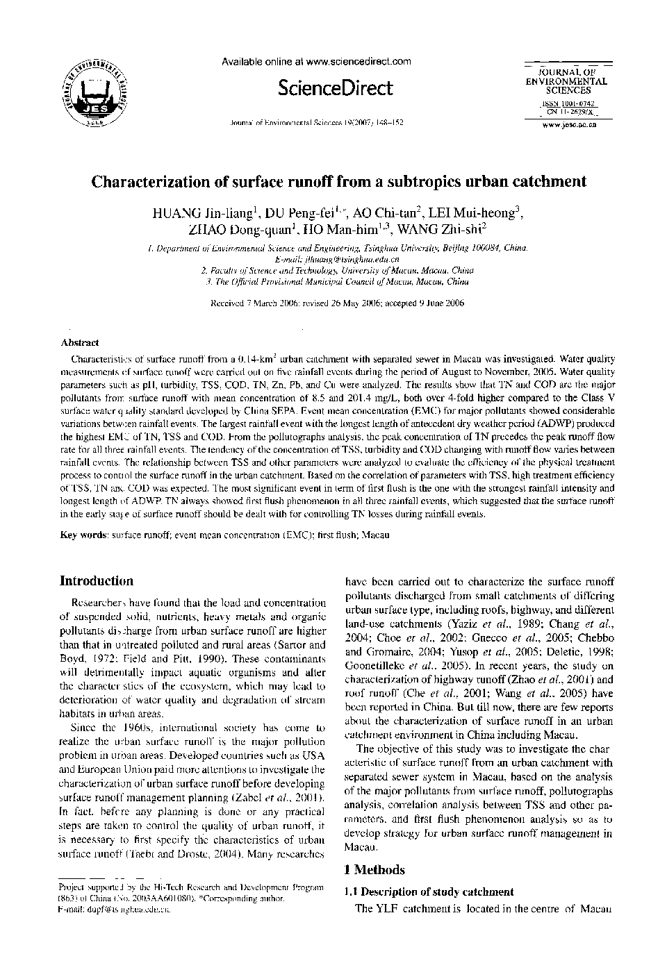 Characterization of surface runoff from a subtropics urban catchment 