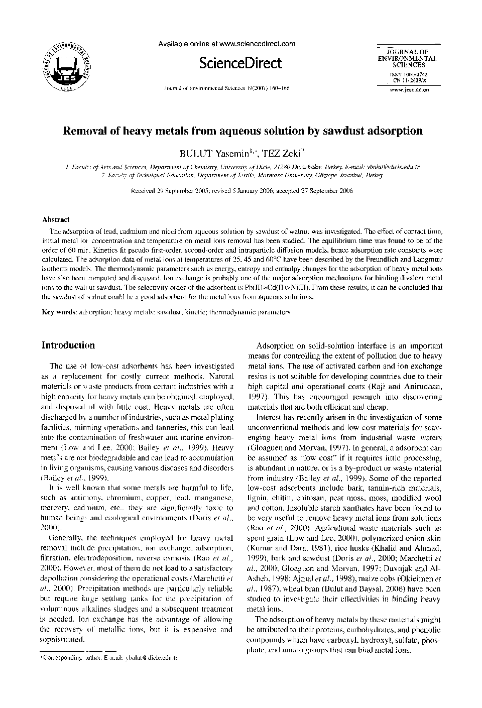 Removal of heavy metals from aqueous solution by sawdust adsorption