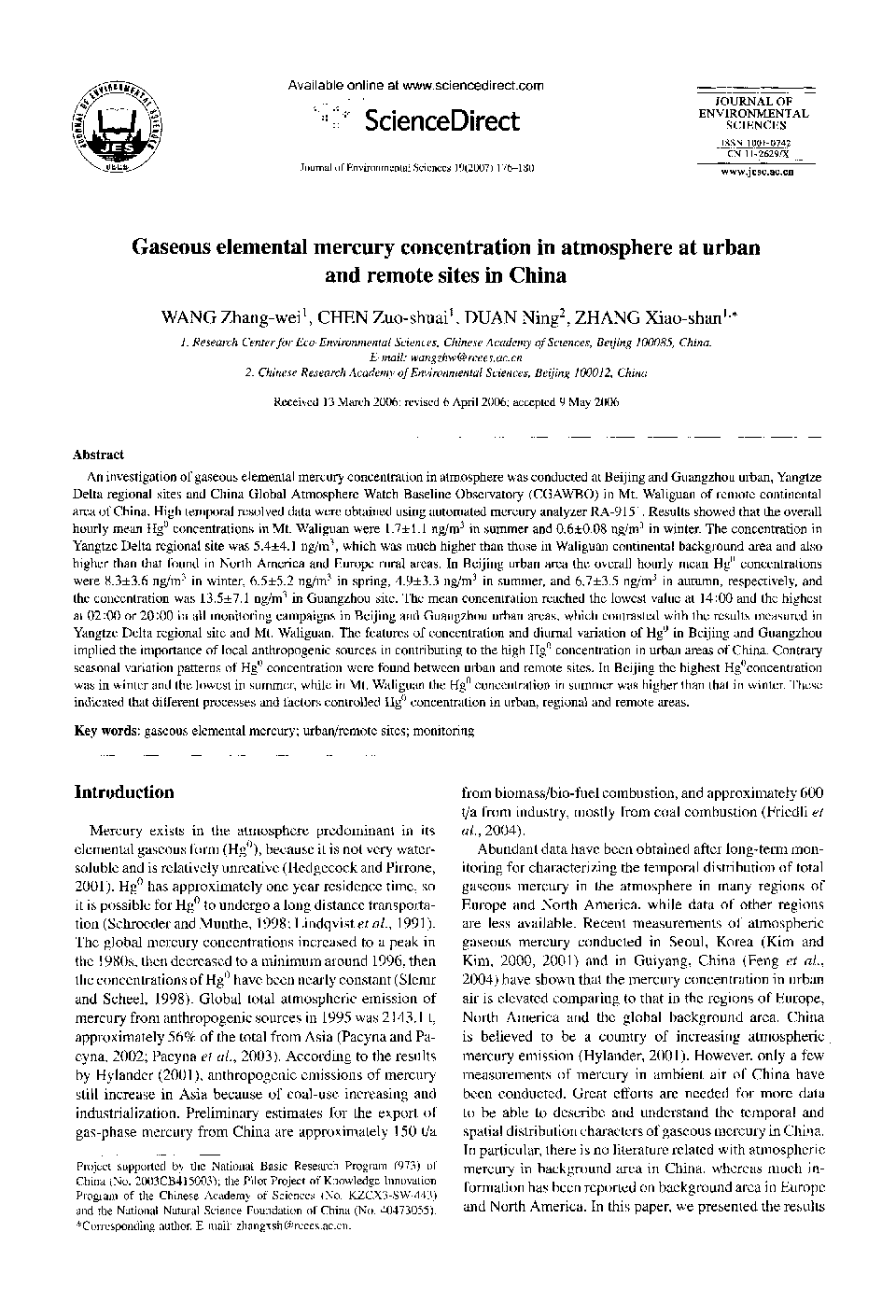 Gaseous elemental mercury concentration in atmosphere at urban and remote sites in China 