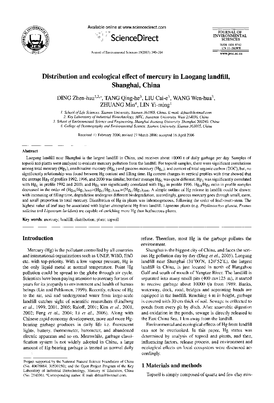 Distribution and ecological effect of mercury in Laogang landfill, Shanghai, China 