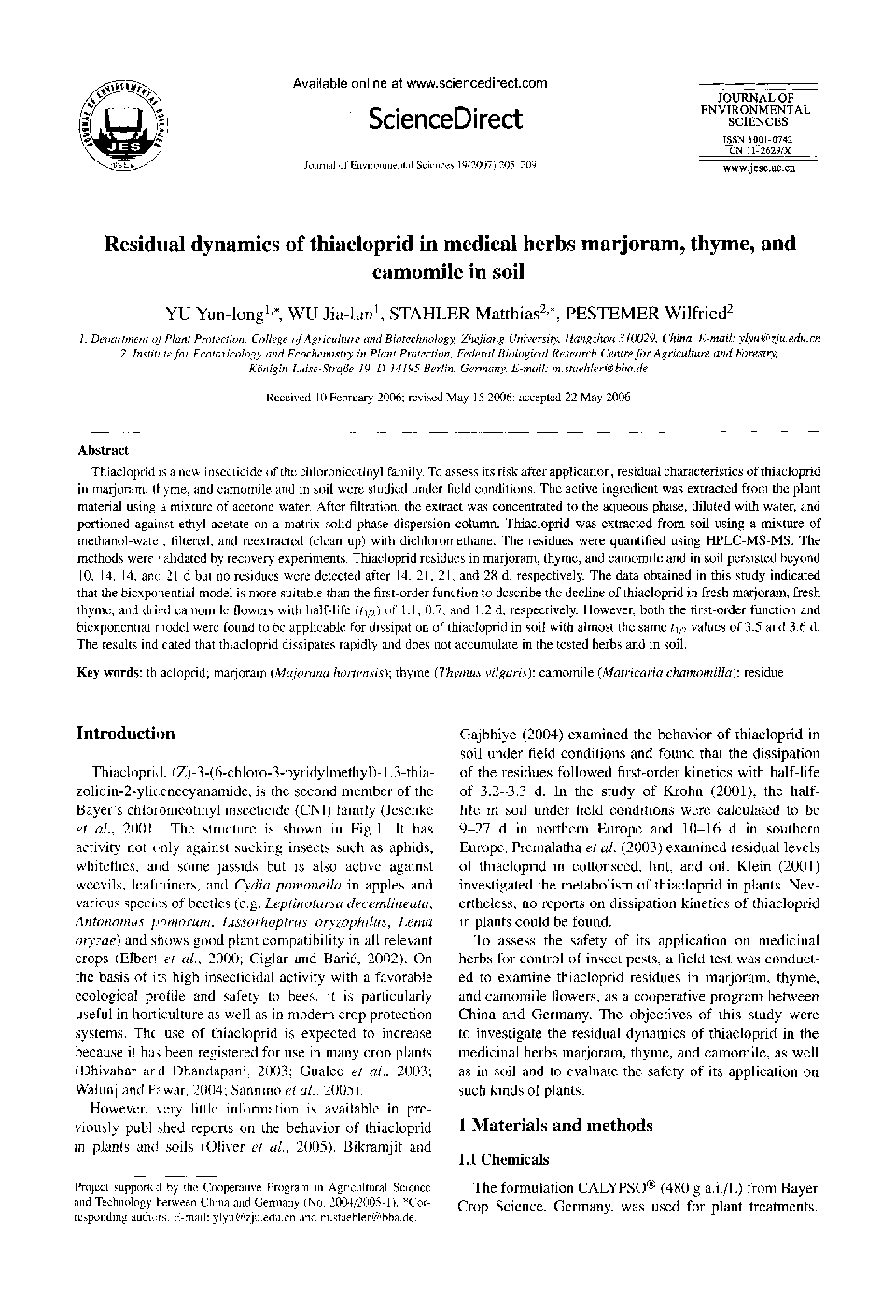 Residual dynamics of thiacloprid in medical herbs marjoram, thyme, and camomile in soil 