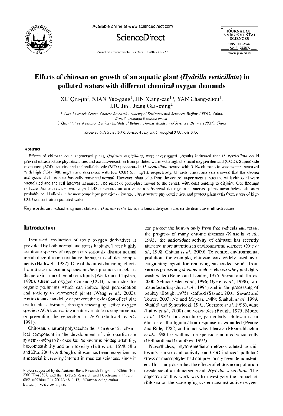 Effects of chitosan on growth of an aquatic plant (Hydrilla verticillata) in polluted waters with different chemical oxygen demands 