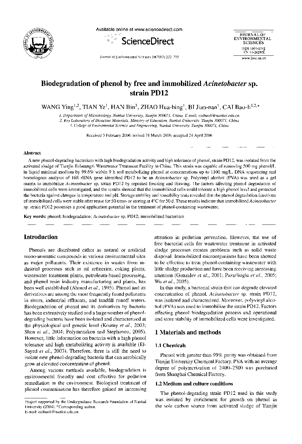 Biodegradation of phenol by free and immobilized Acinetobacter sp. strain PD12 
