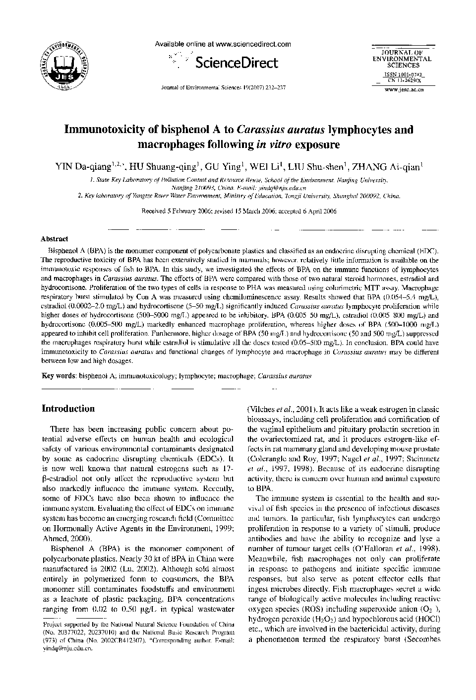 عکس صفحه اول مقاله: Immunotoxicity of bisphenol A to Carassius auratus lymphocytes and macrophages following in vitro exposure Immunotoxicity of bisphenol A to Carassius auratus lymphocytes and macrophages following in vitro exposure