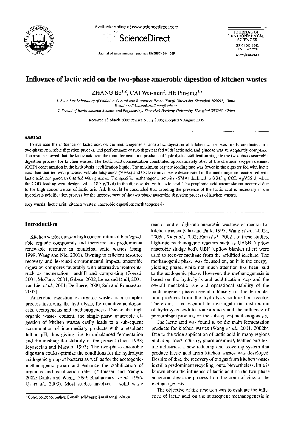 Influence of lactic acid on the two-phase anaerobic digestion of kitchen wastes