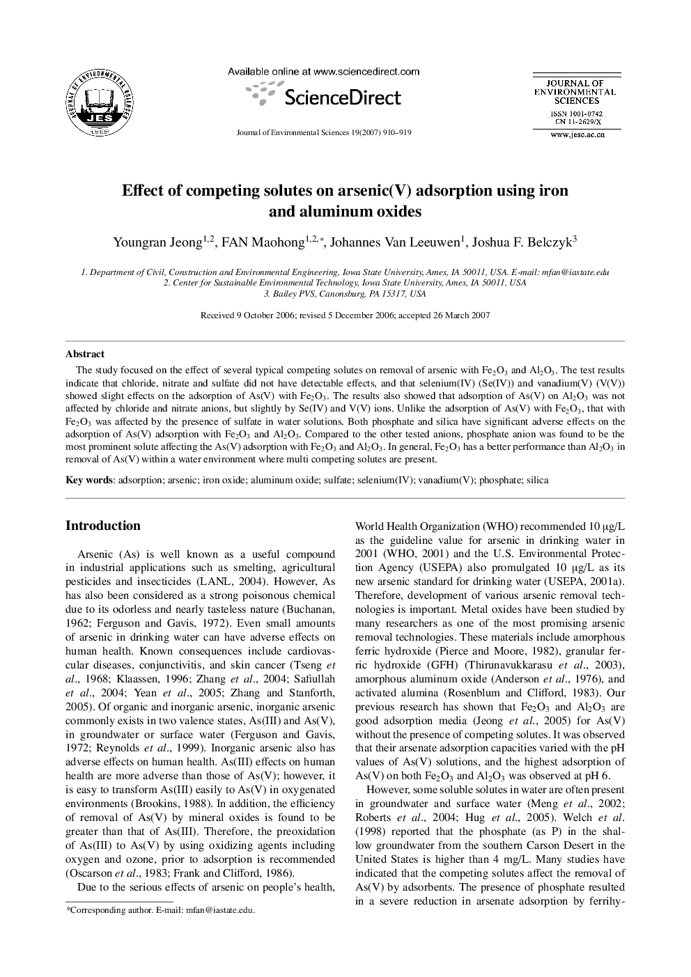 عکس صفحه اول مقاله: Effect of competing solutes on arsenic(V) adsorption using iron and aluminum oxides Effect of competing solutes on arsenic(V) adsorption using iron and aluminum oxides
