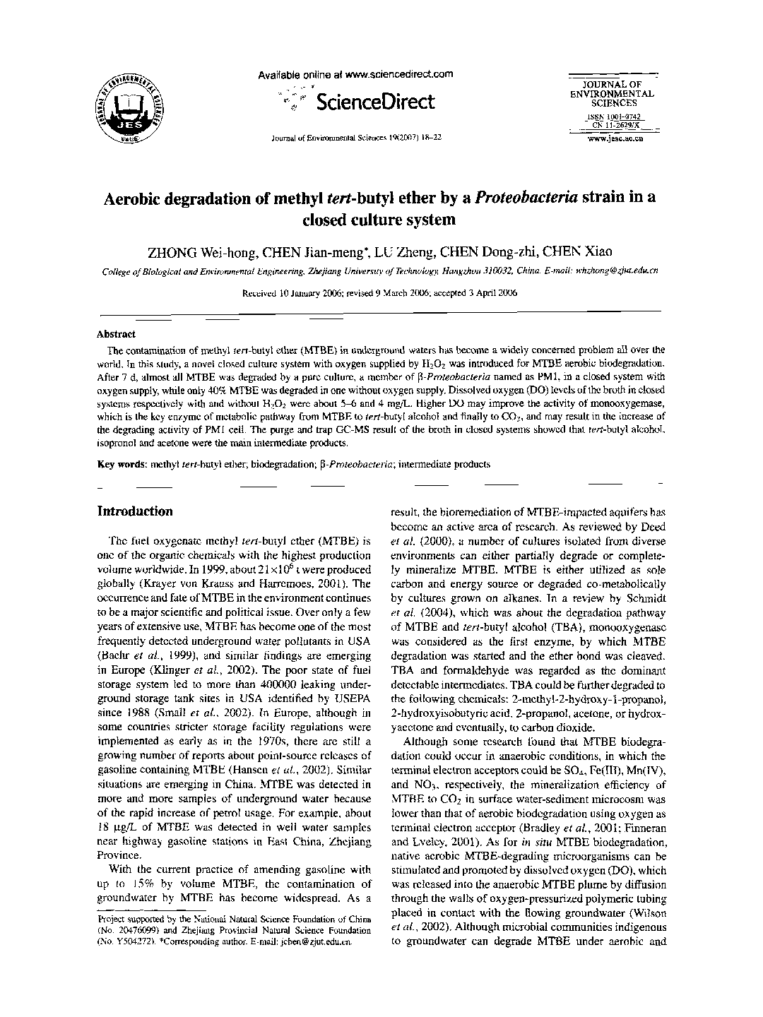 Aerobic degradation of methyl tert-butyl ether by a Proteobacteria strain in a closed culture system 