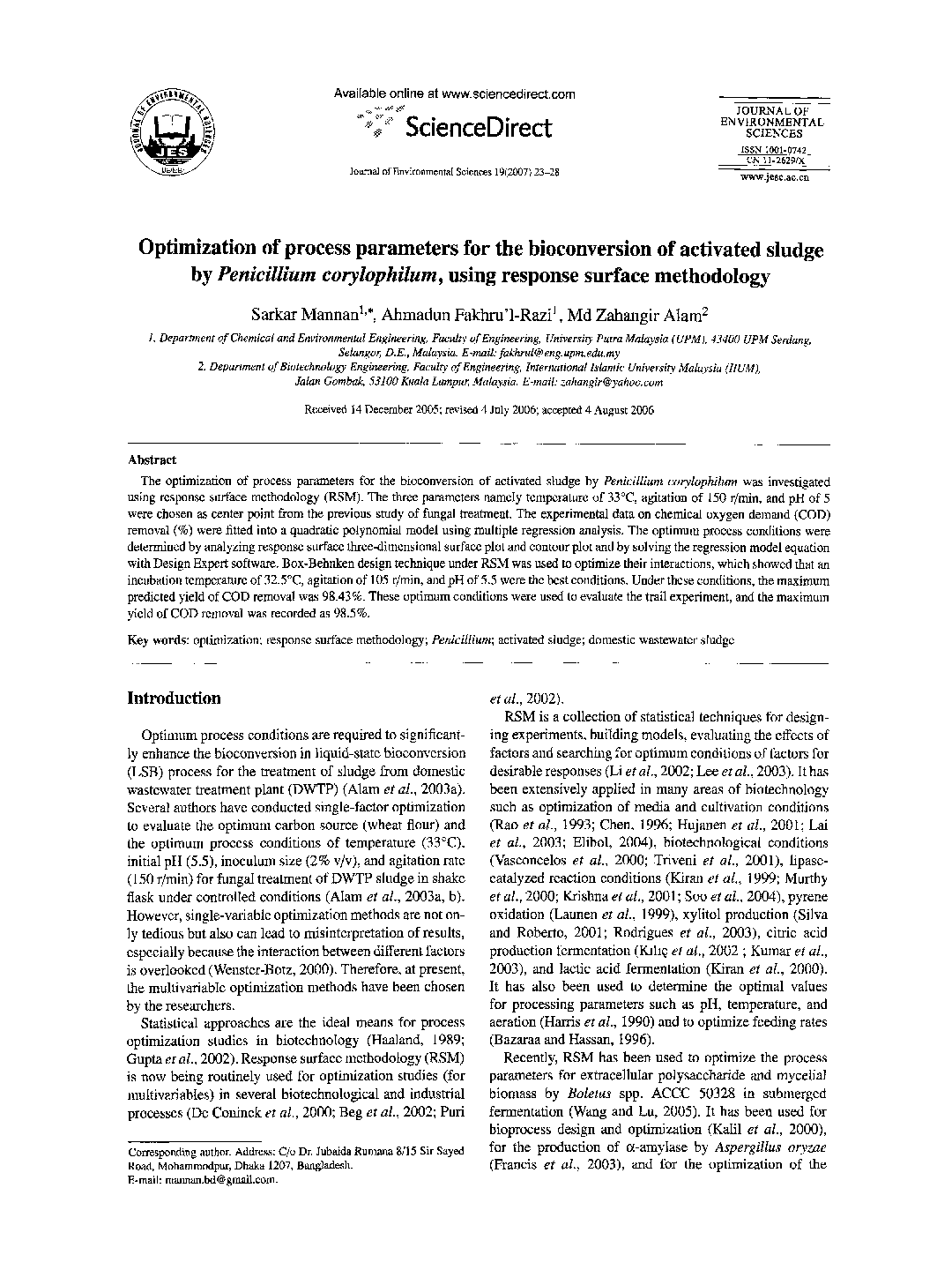 عکس صفحه اول مقاله: Optimization of process parameters for the bioconversion of activated sludge by Penicillium corylophilum, using response surface methodology Optimization of process parameters for the bioconversion of activated sludge by Penicillium corylophilum, using response surface methodology