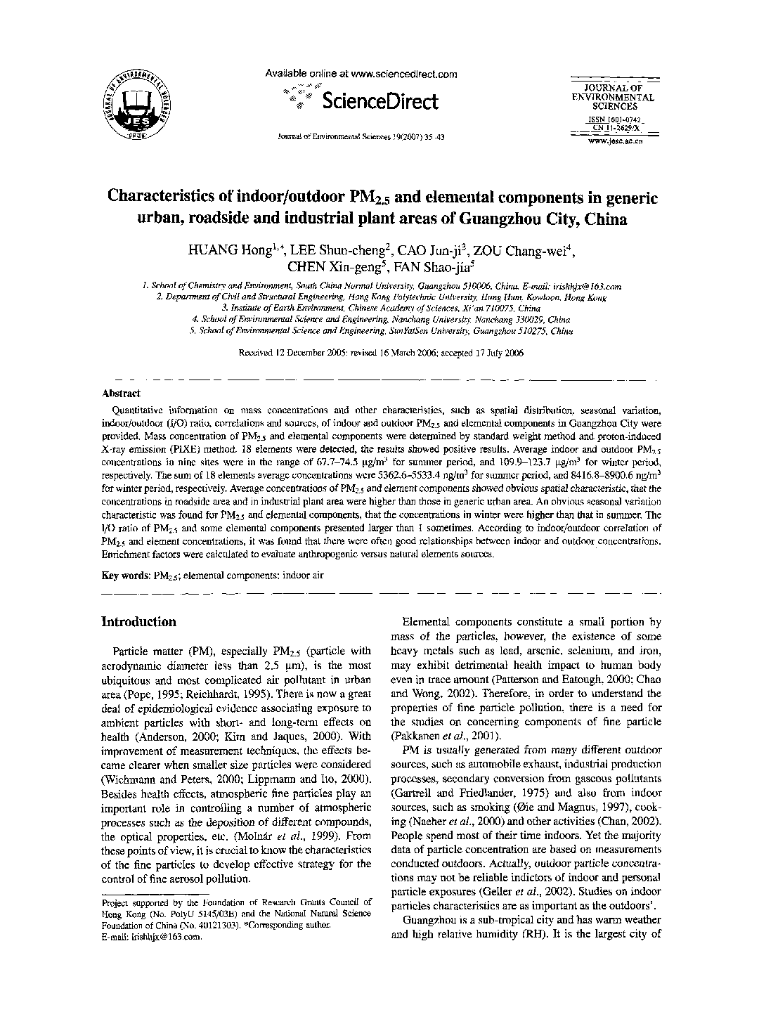 Characteristics of indoor/outdoor PM2.5 and elemental components in generic urban, roadside and industrial plant areas of Guangzhou City, China 