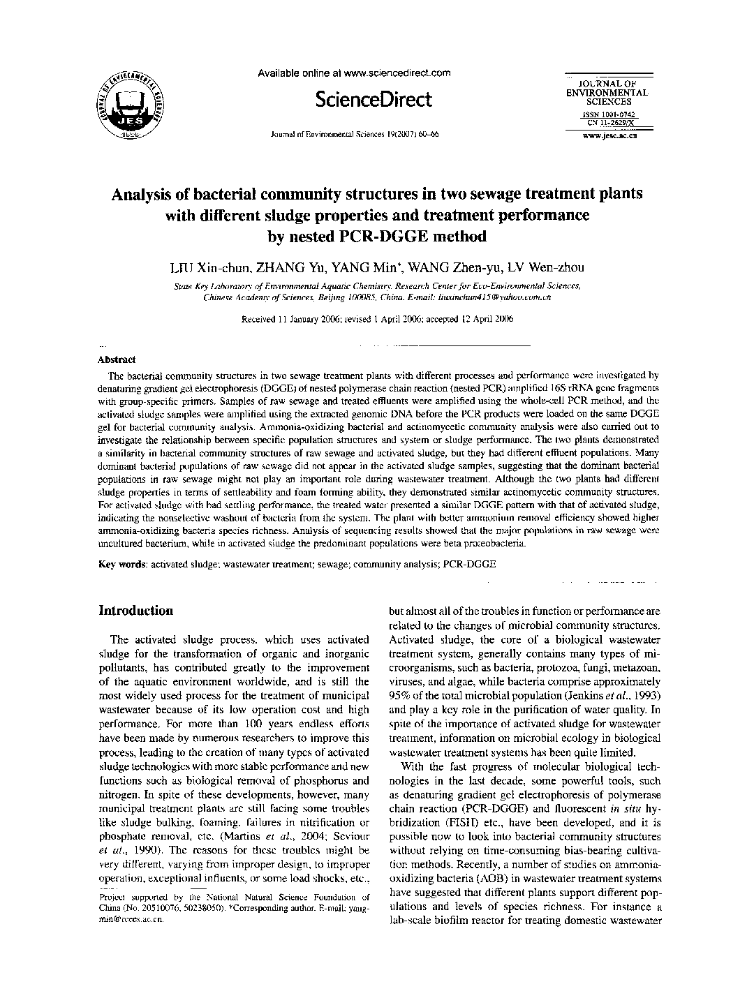 Analysis of bacterial community structures in two sewage treatment plants with different sludge properties and treatment performance by nested PCR-DGGE method 