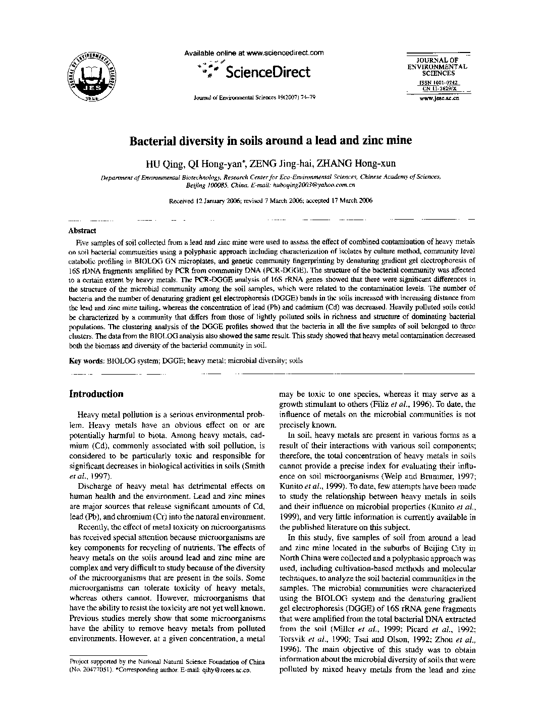 Bacterial diversity in soils around a lead and zinc mine 