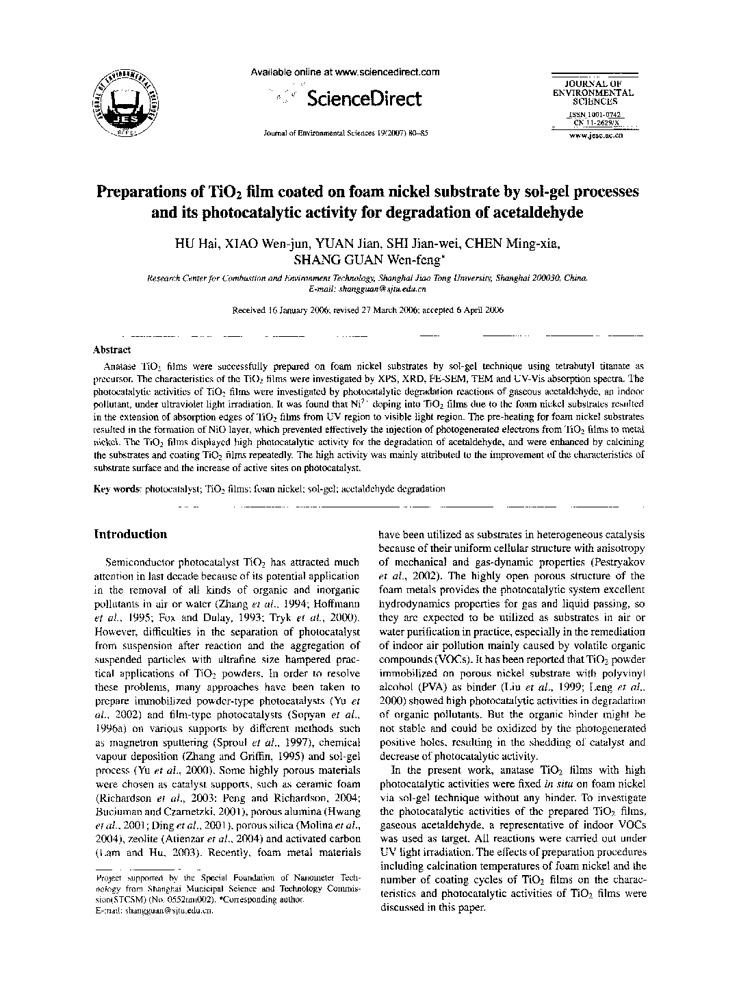 Preparations of TiO2 film coated on foam nickel substrate by sol-gel processes and its photocatalytic activity for degradation of acetaldehyde 
