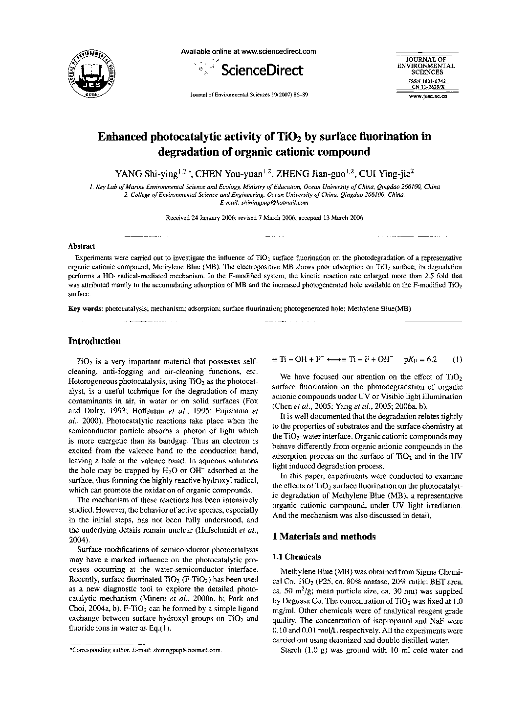 Enhanced photocatalytic activity of TiO2 by surface fluorination in degradation of organic cationic compound