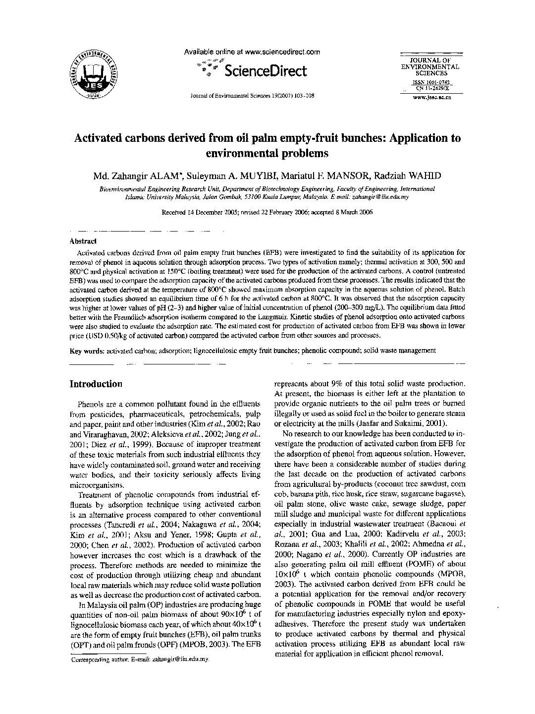 Activated carbons derived from oil palm empty-fruit bunches: Application to environmental problems