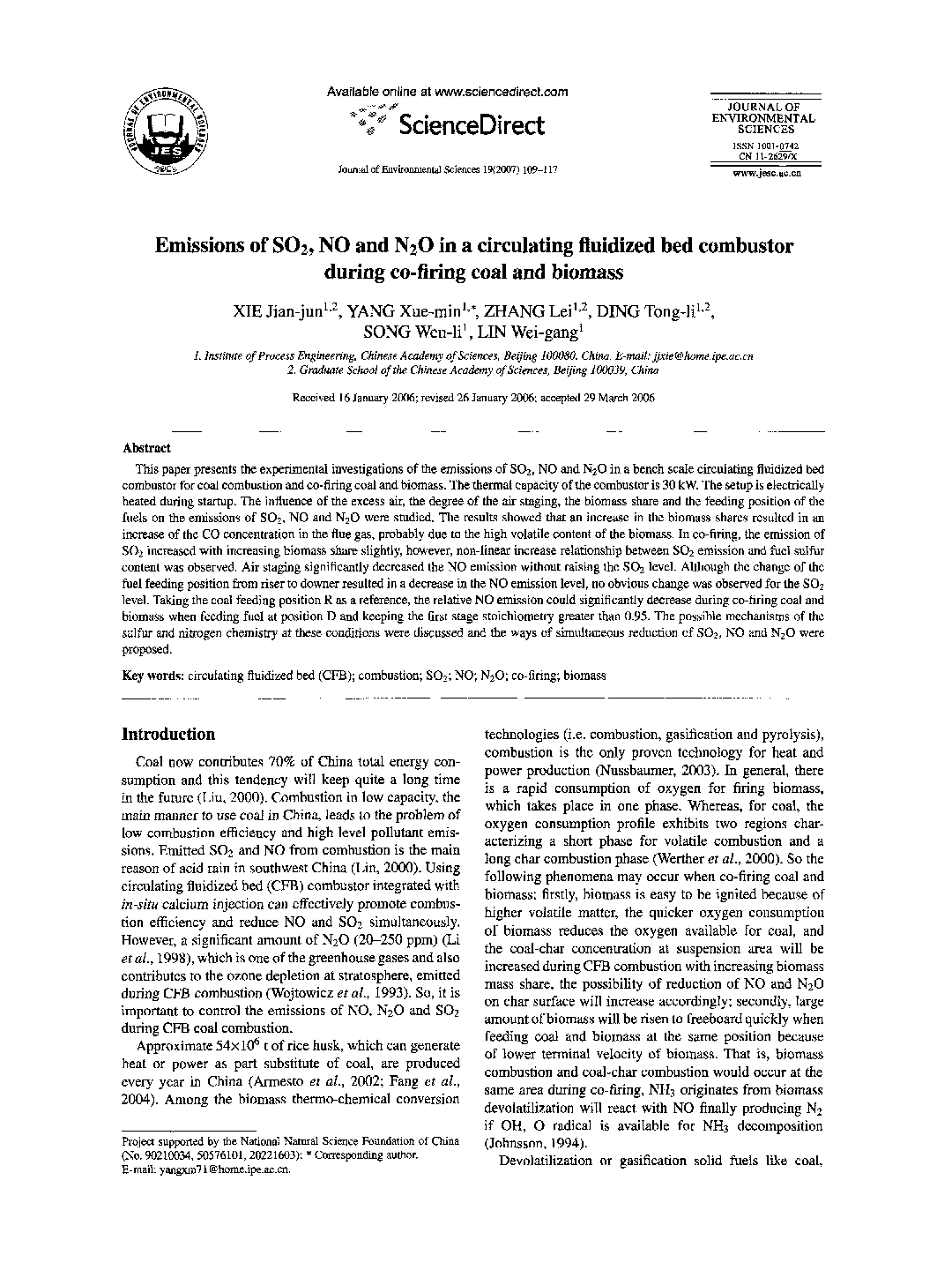 Emissions of SO2, NO and N2O in a circulating fluidized bed combustor during co-firing coal and biomass 