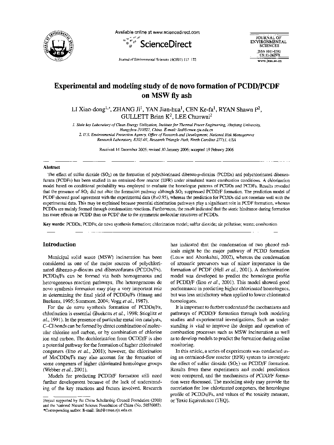 Experimental and modeling study of de novo formation of PCDD/PCDF on MSW fly ash 