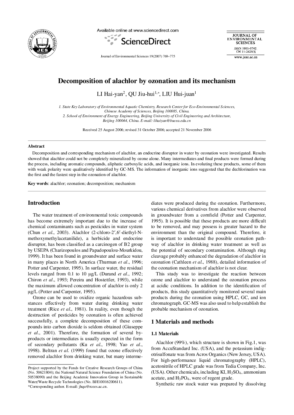 Decomposition of alachlor by ozonation and its mechanism 