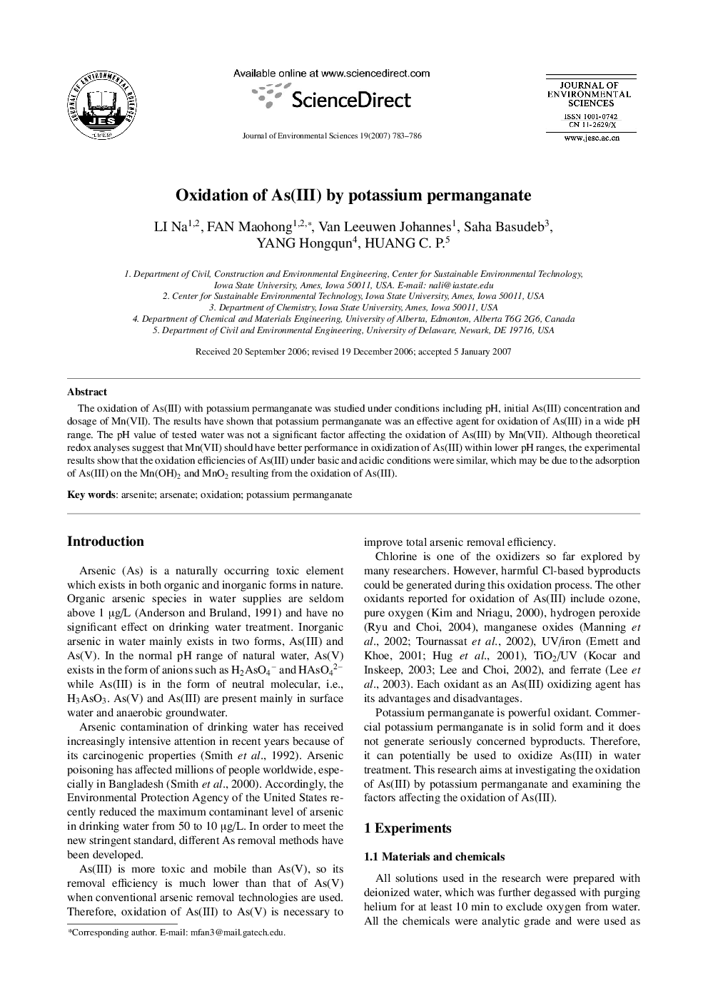 Oxidation of As(III) by potassium permanganate
