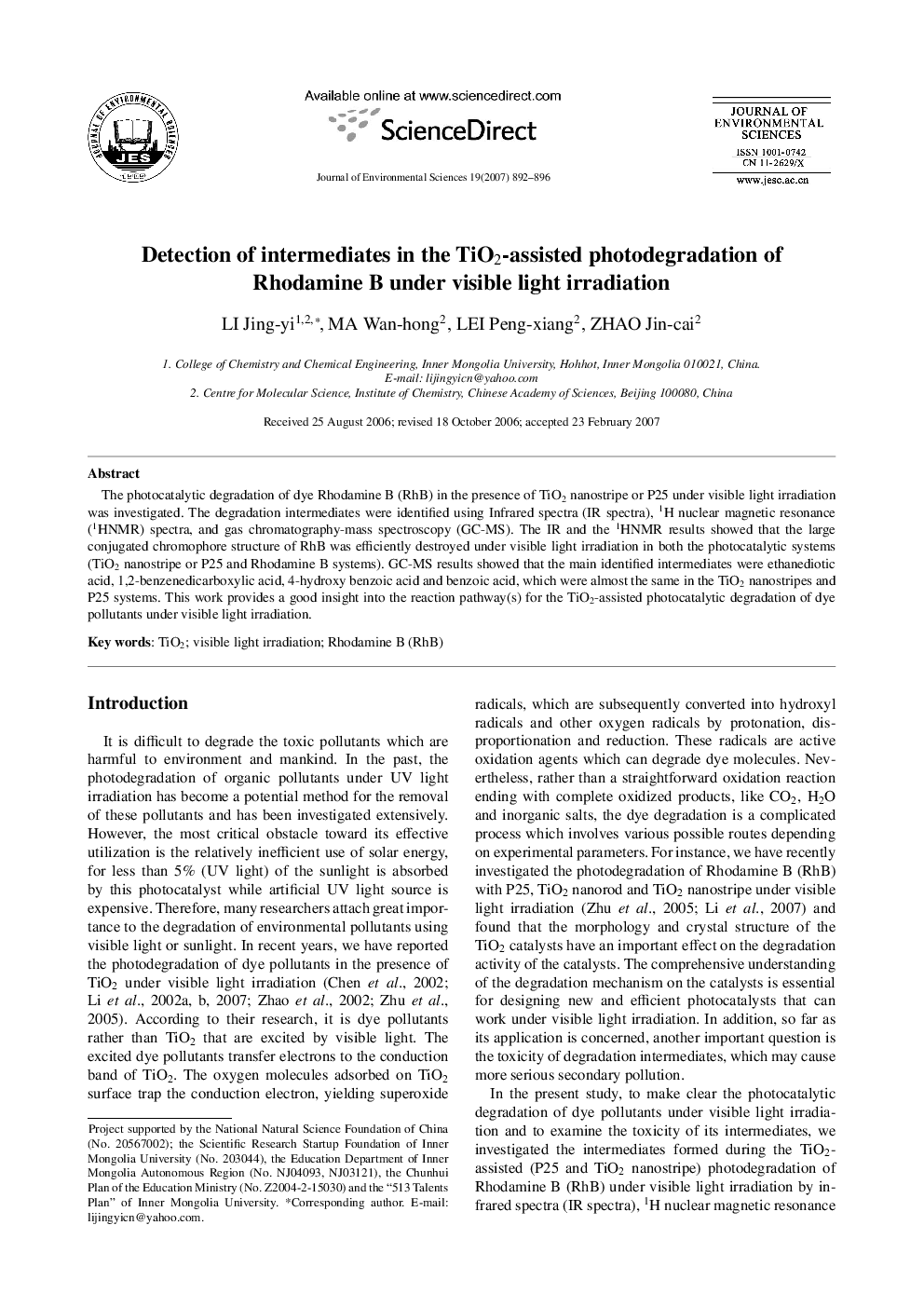 Detection of intermediates in the TiO2-assisted photodegradation of Rhodamine B under visible light irradiation 