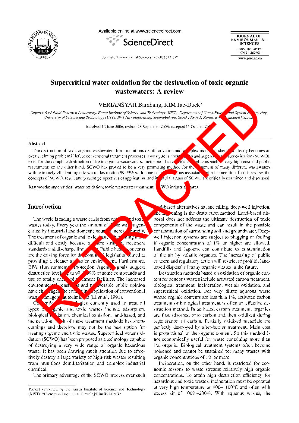 RETRACTED: Supercritical water oxidation for the destruction of toxic organic wastewaters: A review 