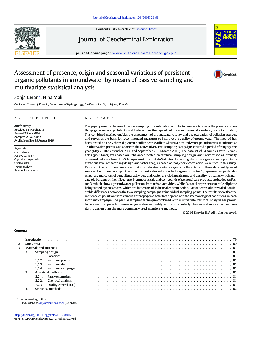 Assessment of presence, origin and seasonal variations of persistent organic pollutants in groundwater by means of passive sampling and multivariate statistical analysis