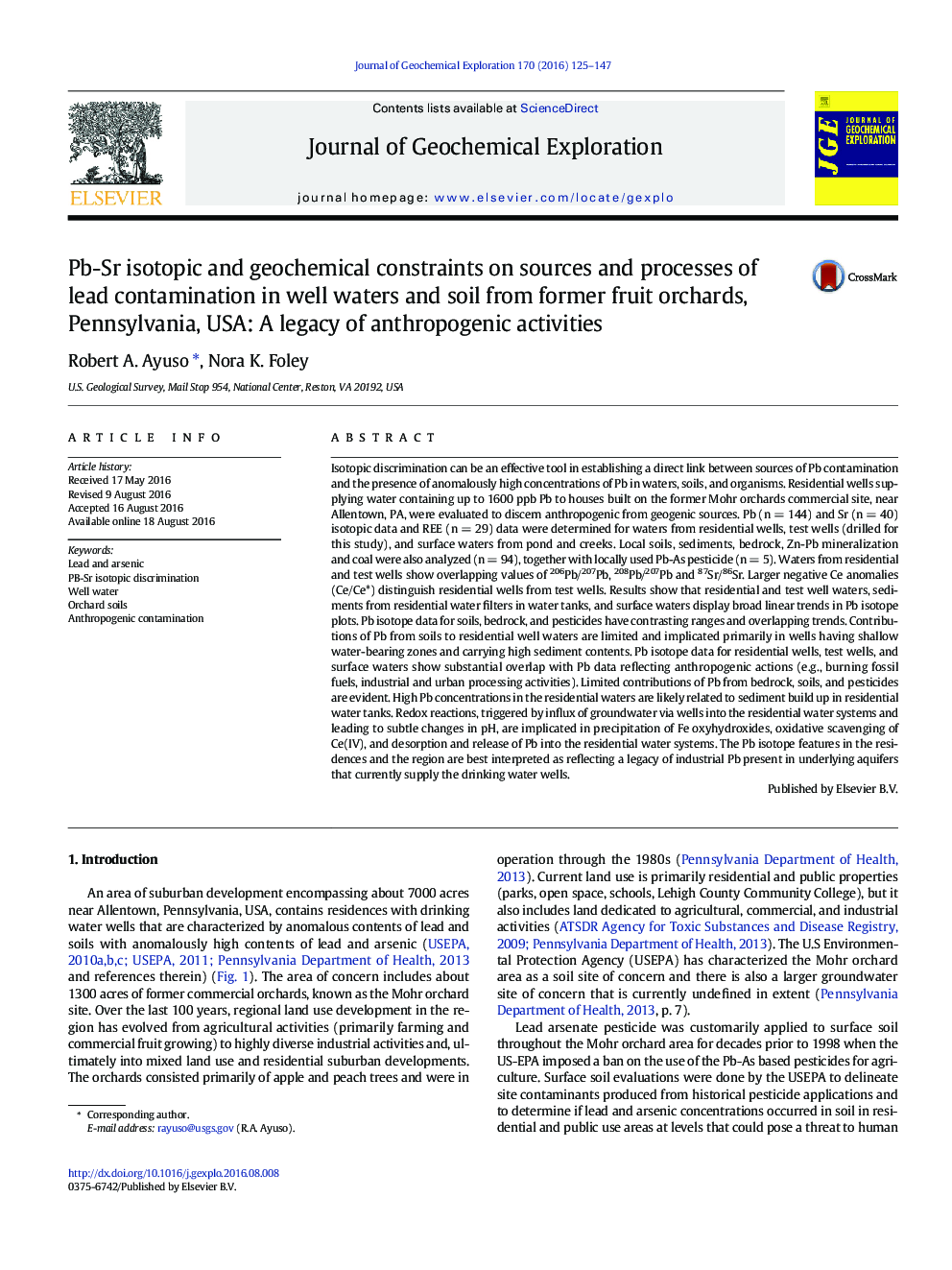 Pb-Sr isotopic and geochemical constraints on sources and processes of lead contamination in well waters and soil from former fruit orchards, Pennsylvania, USA: A legacy of anthropogenic activities