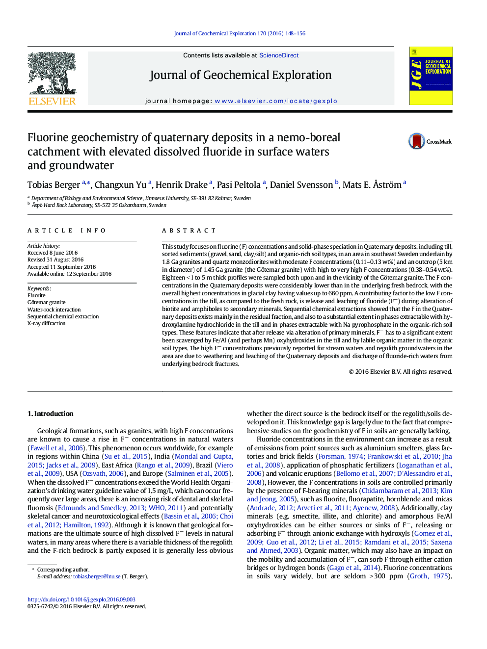 Fluorine geochemistry of quaternary deposits in a nemo-boreal catchment with elevated dissolved fluoride in surface waters and groundwater