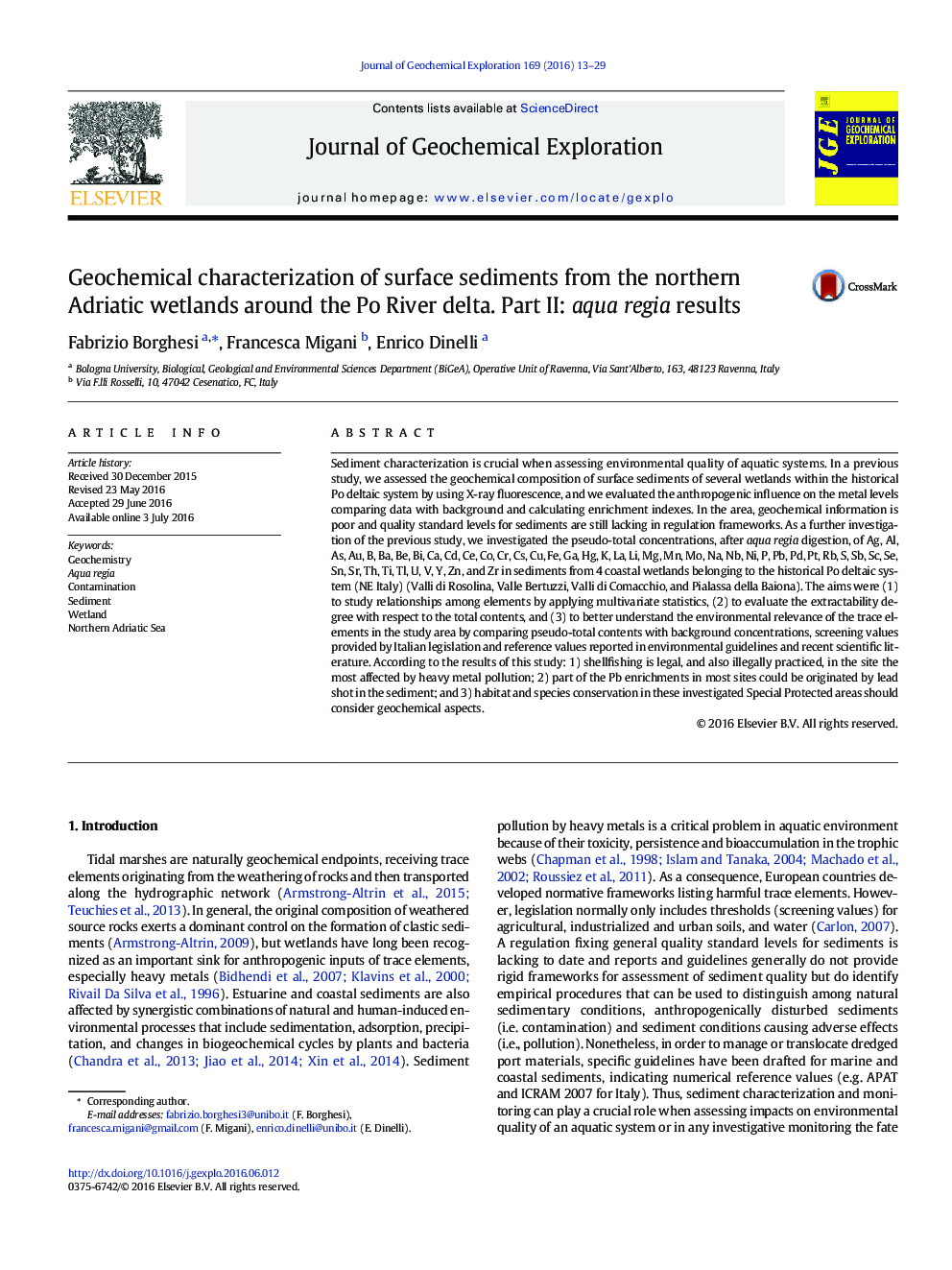 Geochemical characterization of surface sediments from the northern Adriatic wetlands around the Po River delta. Part II: aqua regia results