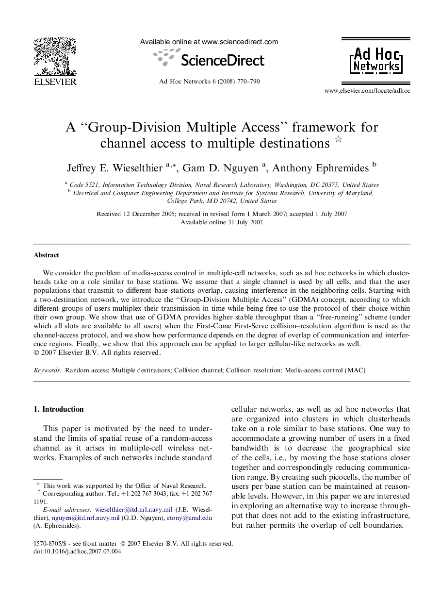 A “Group-Division Multiple Access” framework for channel access to multiple destinations 