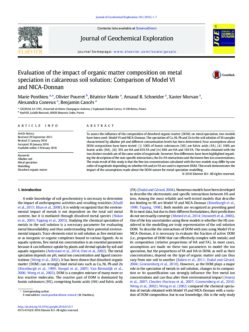 Evaluation of the impact of organic matter composition on metal speciation in calcareous soil solution: Comparison of Model VI and NICA-Donnan