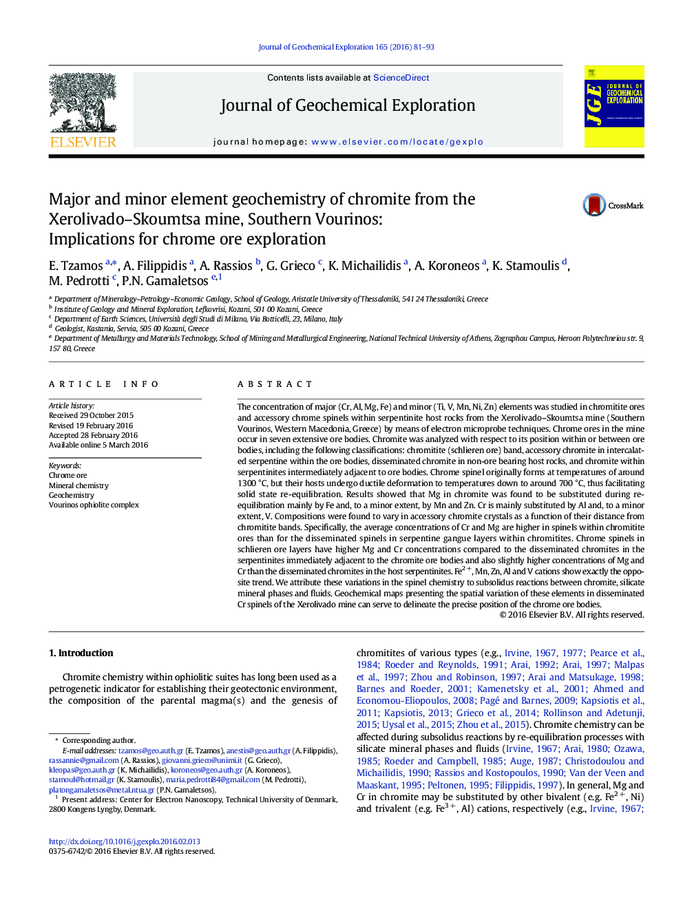 Major and minor element geochemistry of chromite from the Xerolivado–Skoumtsa mine, Southern Vourinos: Implications for chrome ore exploration