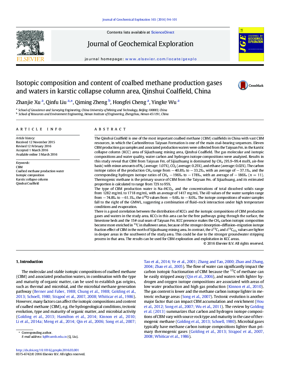 Isotopic composition and content of coalbed methane production gases and waters in karstic collapse column area, Qinshui Coalfield, China