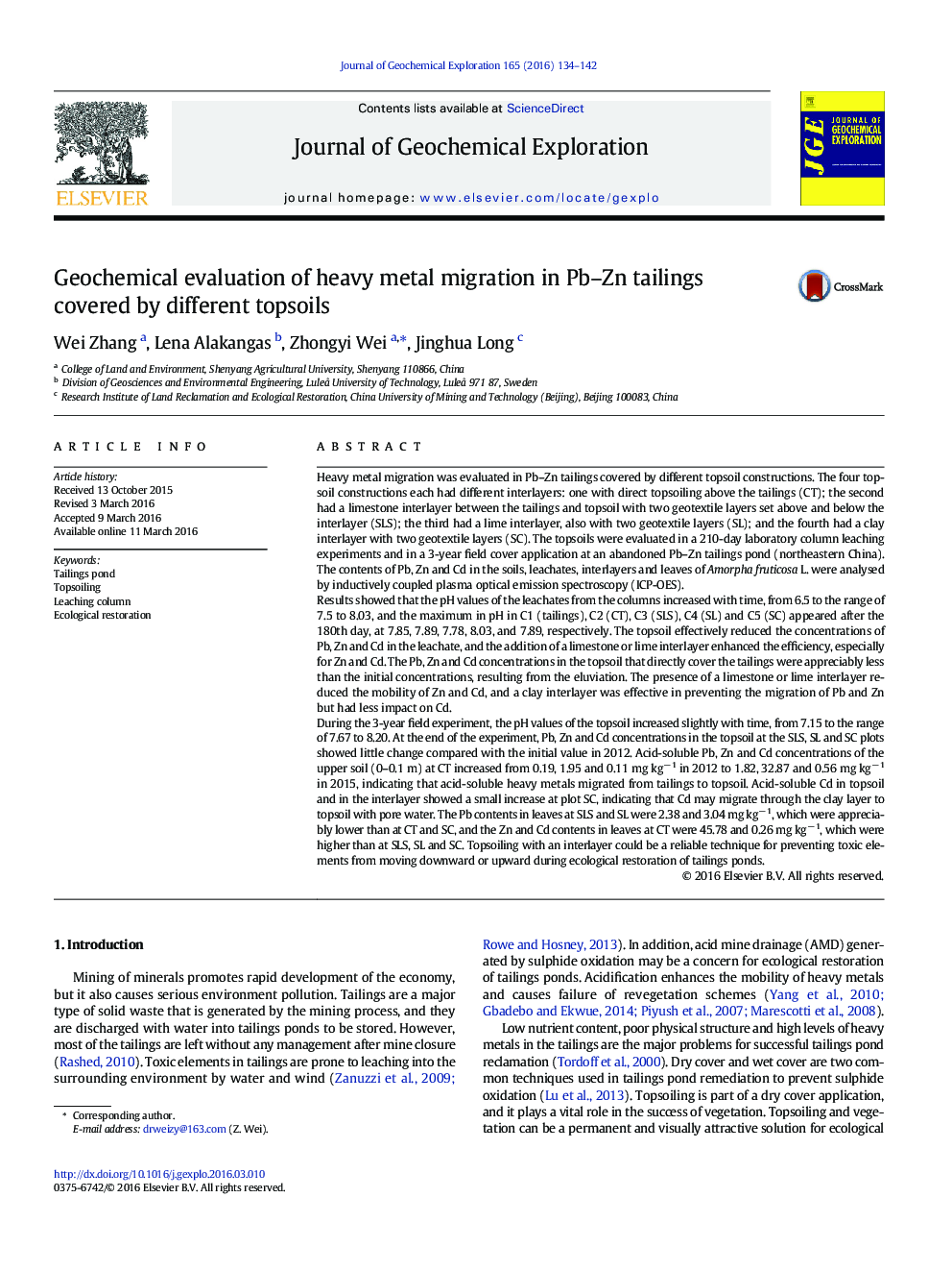 Geochemical evaluation of heavy metal migration in Pb–Zn tailings covered by different topsoils