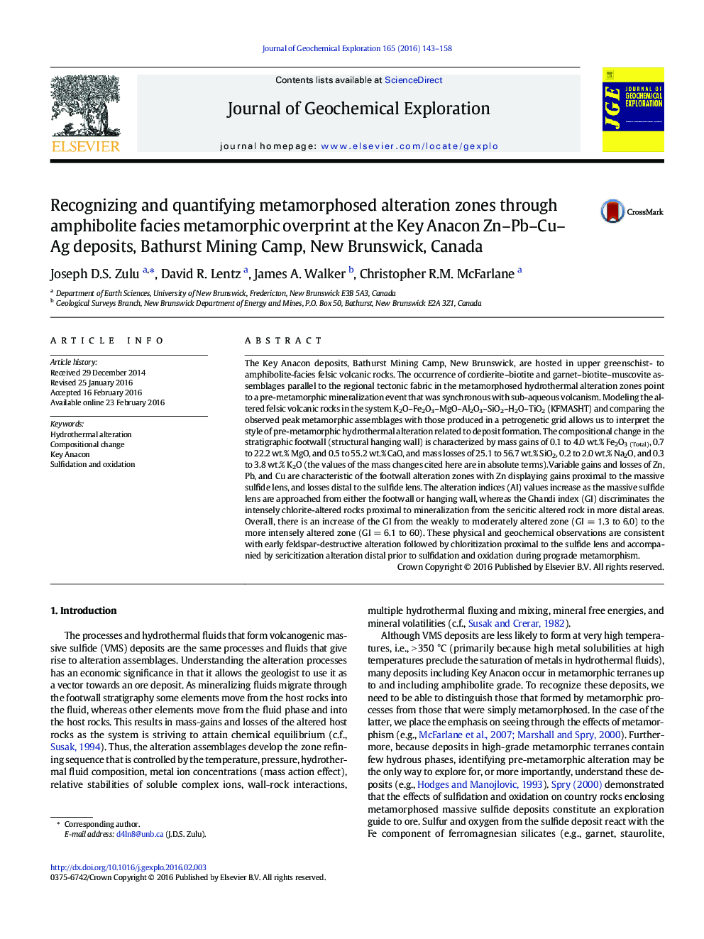 Recognizing and quantifying metamorphosed alteration zones through amphibolite facies metamorphic overprint at the Key Anacon Zn–Pb–Cu–Ag deposits, Bathurst Mining Camp, New Brunswick, Canada