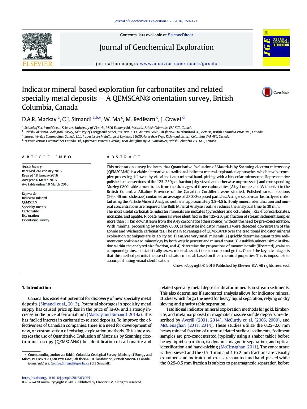 Indicator mineral-based exploration for carbonatites and related specialty metal deposits — A QEMSCAN® orientation survey, British Columbia, Canada