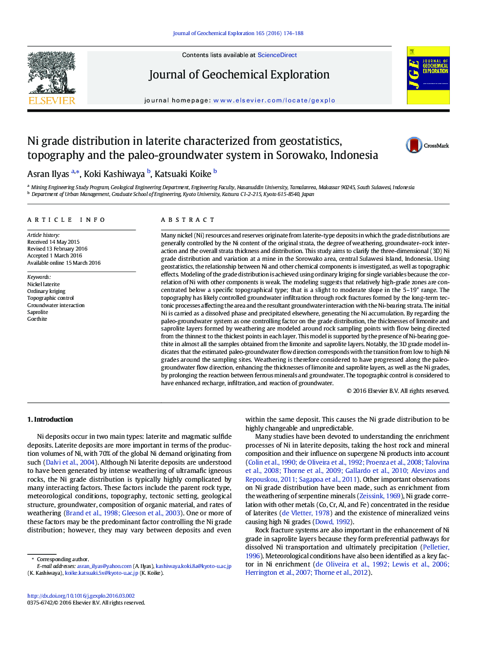 Ni grade distribution in laterite characterized from geostatistics, topography and the paleo-groundwater system in Sorowako, Indonesia