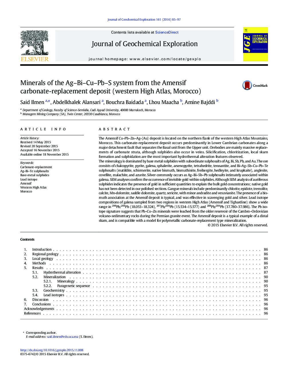 Minerals of the Ag–Bi–Cu–Pb–S system from the Amensif carbonate-replacement deposit (western High Atlas, Morocco)