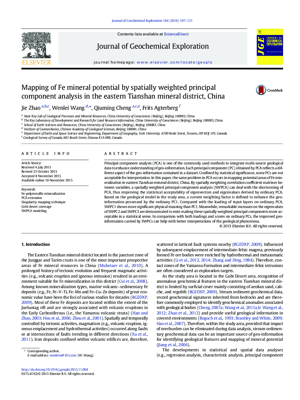 Mapping of Fe mineral potential by spatially weighted principal component analysis in the eastern Tianshan mineral district, China