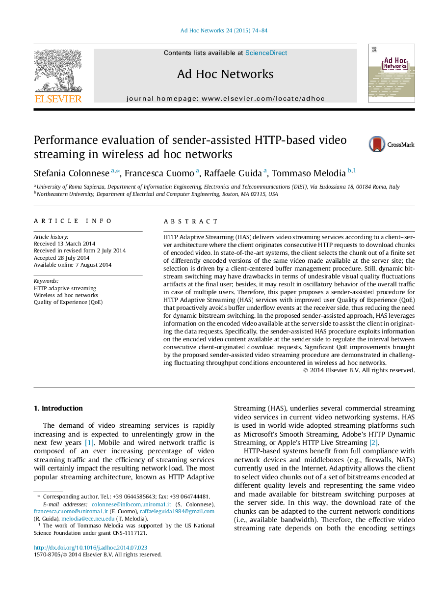 Performance evaluation of sender-assisted HTTP-based video streaming in wireless ad hoc networks