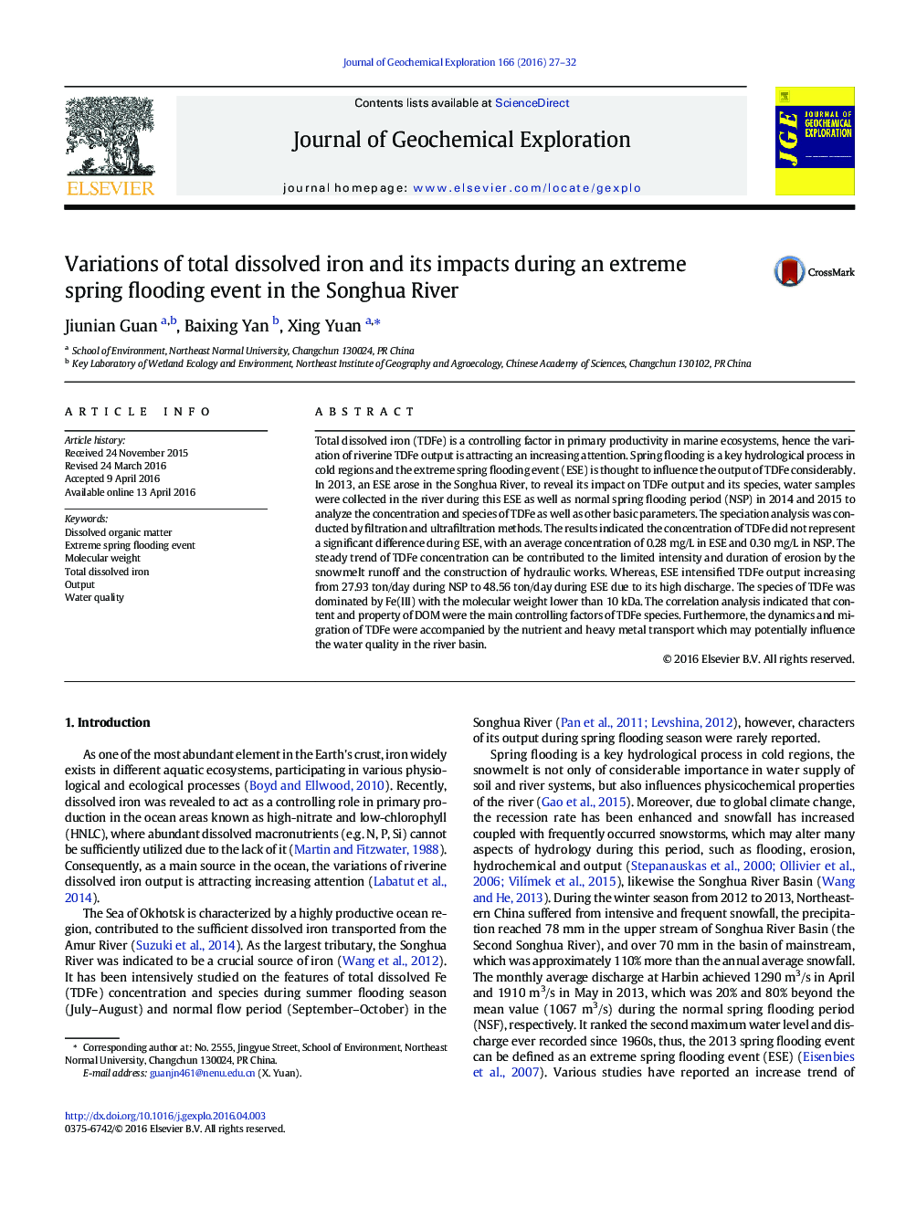 Variations of total dissolved iron and its impacts during an extreme spring flooding event in the Songhua River