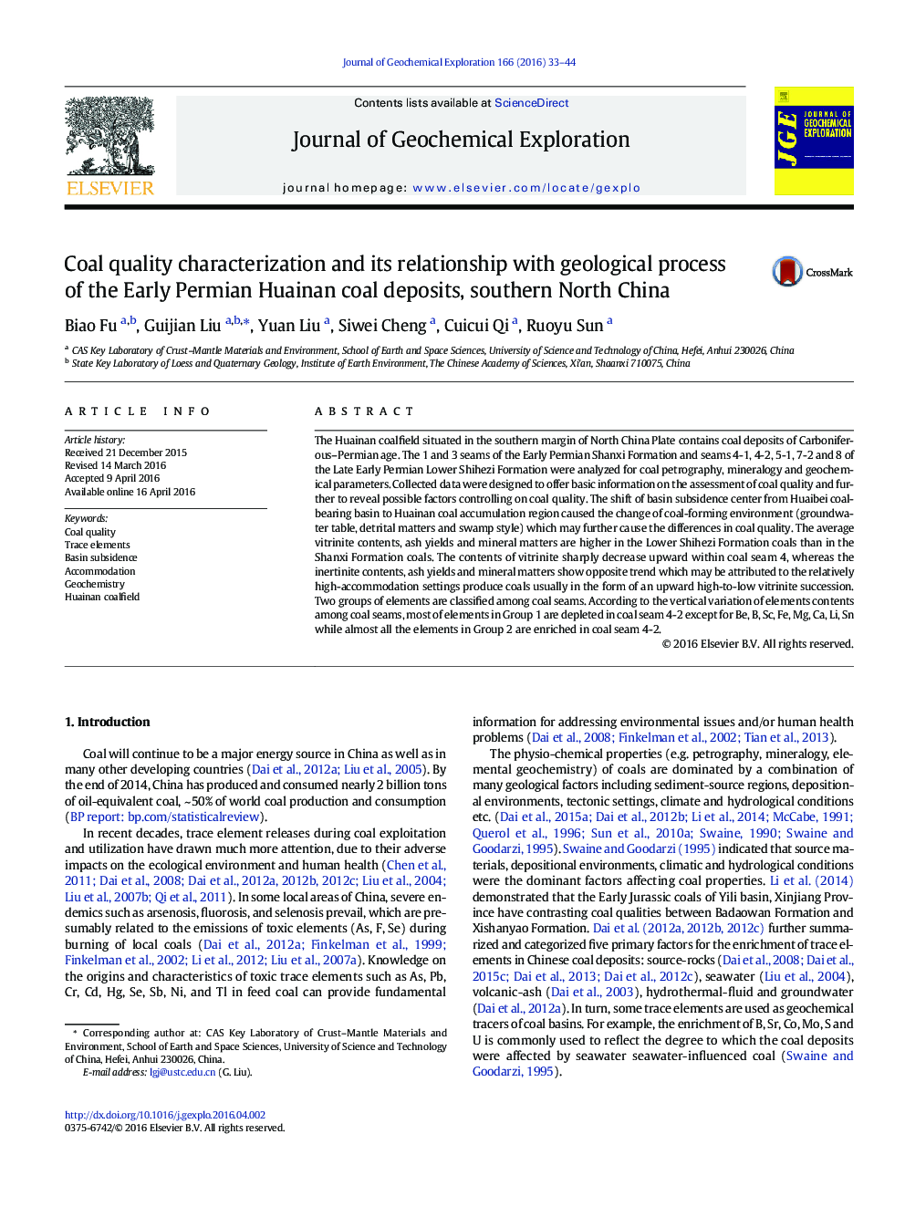 Coal quality characterization and its relationship with geological process of the Early Permian Huainan coal deposits, southern North China