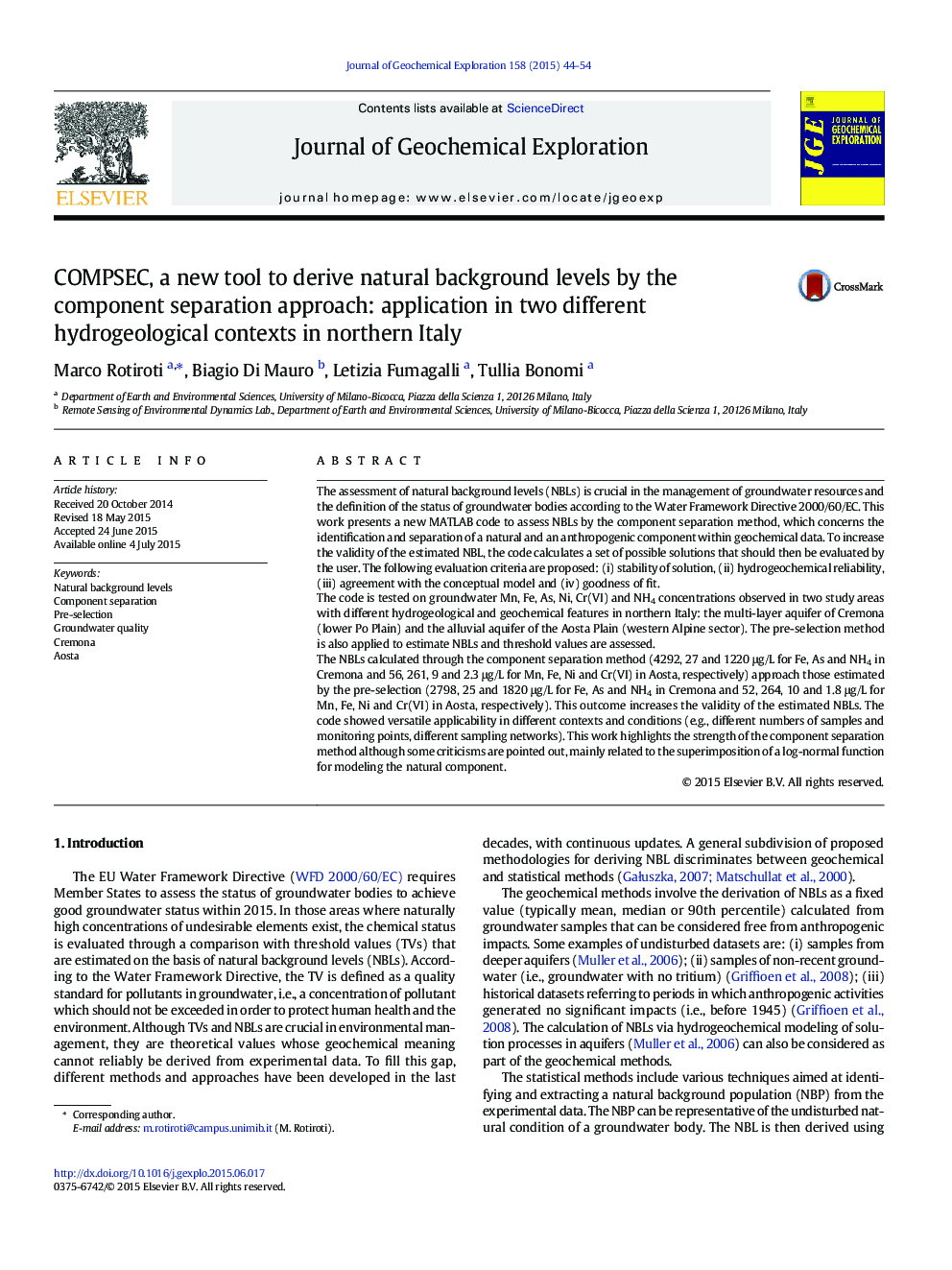 COMPSEC, a new tool to derive natural background levels by the component separation approach: application in two different hydrogeological contexts in northern Italy