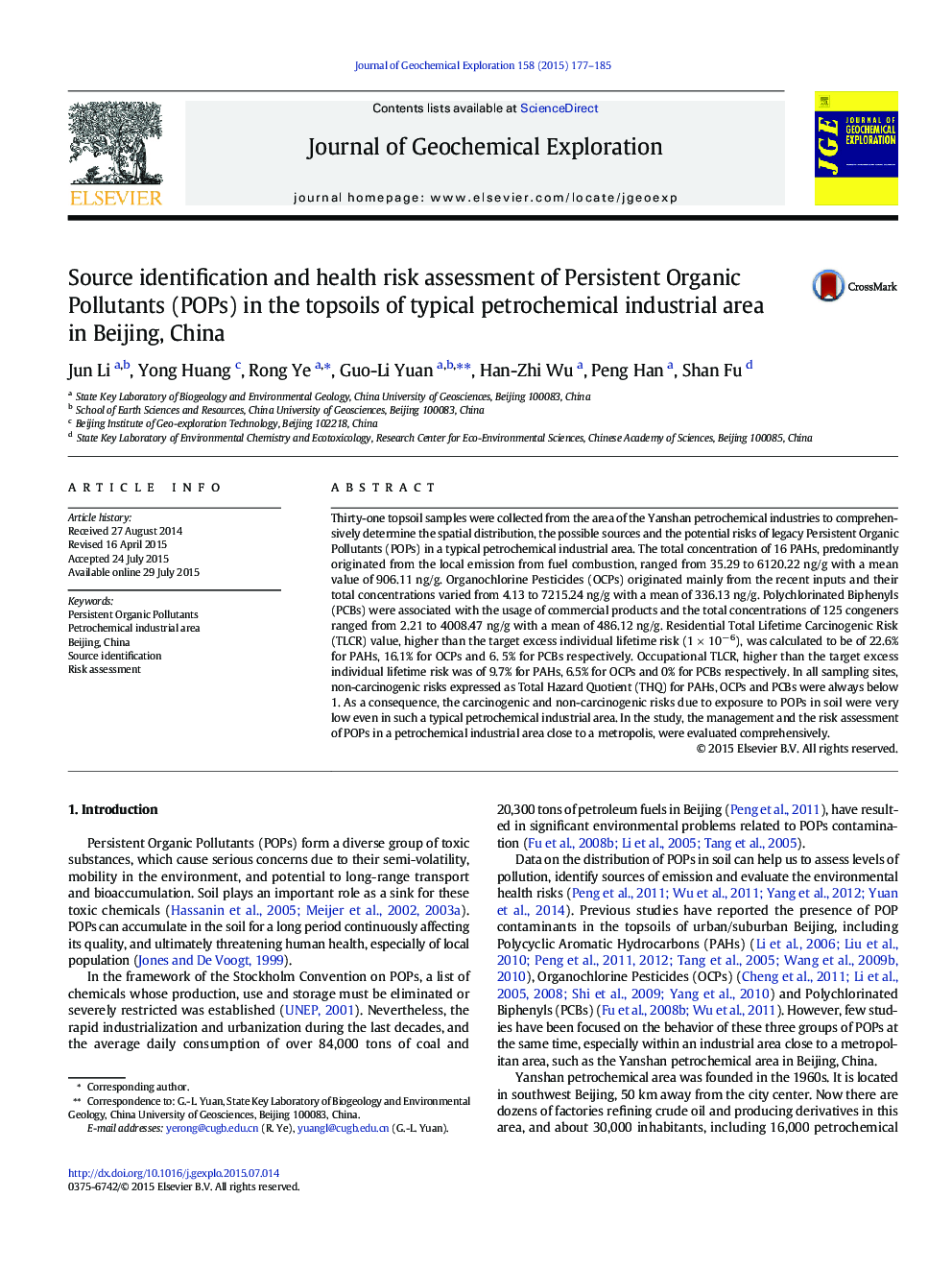 Source identification and health risk assessment of Persistent Organic Pollutants (POPs) in the topsoils of typical petrochemical industrial area in Beijing, China